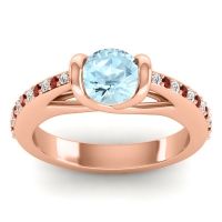 Aquamarine Ring In 14K Rose Gold With Lab Diamond And Garnet Setu Round Modern Ring
