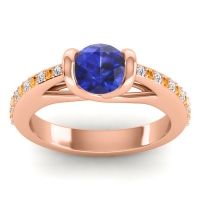 Lab Blue Sapphire Ring In 14K Rose Gold With Diamond And Citrine Setu Round Modern Ring
