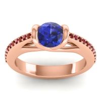 Lab Blue Sapphire Ring In 14K Rose Gold With Garnet And Ruby Setu Round Modern Ring