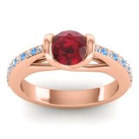 Ruby Ring In 18K Rose Gold With Lab Diamond And Swiss Blue Topaz Setu Round Modern Ring
