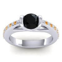 Black Onyx Ring In 14k White Gold With Lab Diamond And Citrine Setu Round Modern Ring
