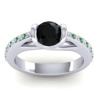Black Onyx Ring In 14k White Gold With Lab Diamond And Emerald Setu Round Modern Ring