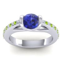 Lab Blue Sapphire Ring In 18k White Gold With Diamond And Peridot Setu Round Modern Ring