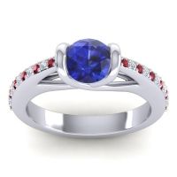 Lab Blue Sapphire Engagement Ring In 18k White Gold With Ruby And Diamond - Setu Round Modern Ring