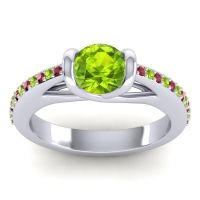Peridot Ring In 14k White Gold With Ruby Setu Round Modern Ring