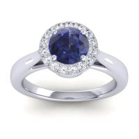 Lab Blue Sapphire Ring In 14k White Gold With Lab Diamond And Ruby Dana Round Halo Ring
