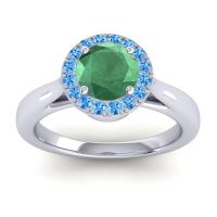 Emerald Engagement Ring In 14k White Gold With Swiss Blue Topaz And Diamond - Dana Round Halo Ring