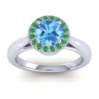 Swiss Blue Topaz Ring In 14k White Gold With Emerald And Ruby Dana Round Halo Ring