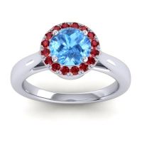 Swiss Blue Topaz Ring In 14k White Gold With Ruby Dana Round Halo Ring
