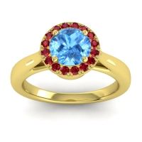 Swiss Blue Topaz Engagement Ring In 18k Yellow Gold With Ruby And Diamond - Dana Round Halo Ring