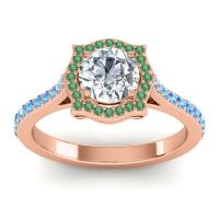 Diamond Ring In 14K Rose Gold With Emerald And Swiss Blue Topaz Surya Round Antique Ring