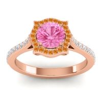 Pink Tourmaline Ring In 14K Rose Gold With Citrine And Lab Diamond Surya Round Antique Ring
