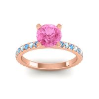 Pink Tourmaline Ring In 14K Rose Gold With Swiss Blue Topaz And Aquamarine Laska Round Classic Ring