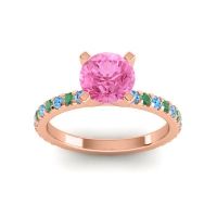 Pink Tourmaline Ring In 14K Rose Gold With Swiss Blue Topaz And Emerald Laska Round Classic Ring