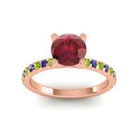 Lab Ruby Ring In 18K Rose Gold With Peridot And Blue Sapphire Laska Round Classic Ring