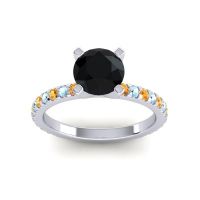 Black Onyx Ring In Palladium With Citrine And Aquamarine Laska Round Classic Ring