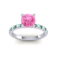 Pink Tourmaline Ring In Platinum With Emerald And Aquamarine Laska Round Classic Ring
