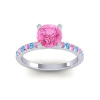 Pink Tourmaline Ring In 14k White Gold With Swiss Blue Topaz Laska Round Classic Ring