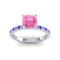 Pink Tourmaline Ring In 14k White Gold With Swiss Blue Topaz And Amethyst Laska Round Classic Ring