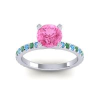 Pink Tourmaline Ring In Palladium With Swiss Blue Topaz And Emerald Laska Round Classic Ring