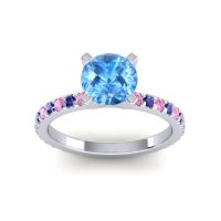 Swiss Blue Topaz Ring In Palladium With Pink Tourmaline And Blue Sapphire Laska Round Classic Ring