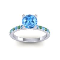 Swiss Blue Topaz Ring In Palladium With Emerald Laska Round Classic Ring