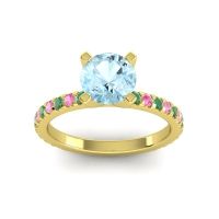 Aquamarine Ring In 14k Yellow Gold With Emerald And Pink Tourmaline Laska Round Classic Ring