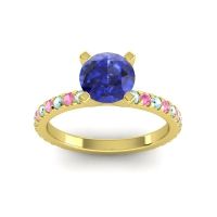 Lab Blue Sapphire Ring In 14k Yellow Gold With Aquamarine And Pink Tourmaline Laska Round Classic Ring