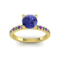 Lab Blue Sapphire Ring In 18k Yellow Gold With Emerald And Amethyst Laska Round Classic Ring