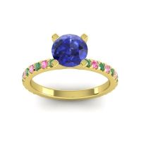 Lab Blue Sapphire Ring In 14k Yellow Gold With Emerald And Pink Tourmaline Laska Round Classic Ring