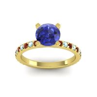 Blue Sapphire Ring In 14k Yellow Gold With Garnet And Aquamarine Laska Round Classic Ring