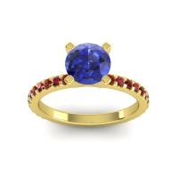 Lab Blue Sapphire Ring In 14k Yellow Gold With Garnet And Ruby Laska Round Classic Ring