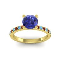 Lab Blue Sapphire Ring In 14k Yellow Gold With Garnet And Swiss Blue Topaz Laska Round Classic Ring