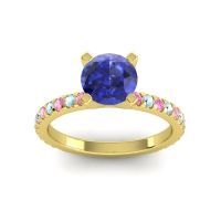 Lab Blue Sapphire Ring In 18k Yellow Gold With Pink Tourmaline And Aquamarine Laska Round Classic Ring