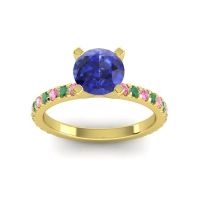 Lab Blue Sapphire Ring In 14k Yellow Gold With Pink Tourmaline And Emerald Laska Round Classic Ring