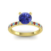 Lab Blue Sapphire Ring In 14k Yellow Gold With Swiss Blue Topaz And Ruby Laska Round Classic Ring