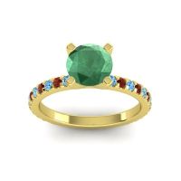 Emerald Ring In 14k Yellow Gold With Swiss Blue Topaz And Garnet Laska Round Classic Ring