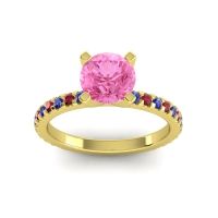 Pink Tourmaline Ring In 18k Yellow Gold With Blue Sapphire And Ruby Laska Round Classic Ring