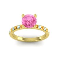 Pink Tourmaline Ring In 14k Yellow Gold With Citrine And Aquamarine Laska Round Classic Ring