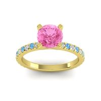 Pink Tourmaline Ring In 14k Yellow Gold With Lab Diamond And Swiss Blue Topaz Laska Round Classic Ring