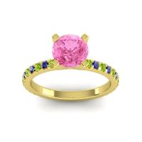 Pink Tourmaline Ring In 14k Yellow Gold With Peridot And Blue Sapphire Laska Round Classic Ring
