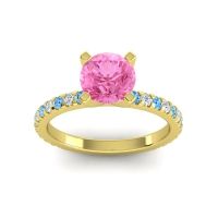 Pink Tourmaline Ring In 14k Yellow Gold With Swiss Blue Topaz And Lab Diamond Laska Round Classic Ring