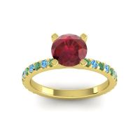 Ruby Ring In 18k Yellow Gold With Emerald And Swiss Blue Topaz Laska Round Classic Ring