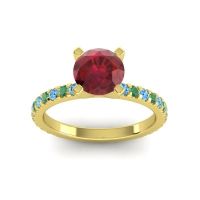 Lab Ruby Ring In 14k Yellow Gold With Swiss Blue Topaz And Emerald Laska Round Classic Ring