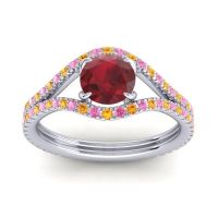 Ruby Ring In Palladium With Pink Tourmaline And Citrine Taran Round Modern Ring