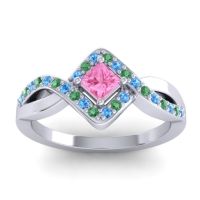 Pink Tourmaline Fashion Ring In 14k White Gold With Swiss Blue Topaz And Emerald – Bhrami Dainty Ring