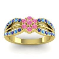 Pink Tourmaline Fashion Ring In 14k Yellow Gold With Swiss Blue Topaz And Blue Sapphire – Kalikda Simple Ring