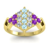 Aquamarine Fashion Ring In 14k Yellow Gold With Lab Diamond And Amethyst – Hira Simple Ring