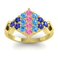 Pink Tourmaline Fashion Ring In 14k Yellow Gold With Swiss Blue Topaz And Blue Sapphire – Hira Simple Ring