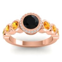 Black Onyx Ring In 14K Rose Gold With Citrine And Lab Diamond Vana Round Antique Ring